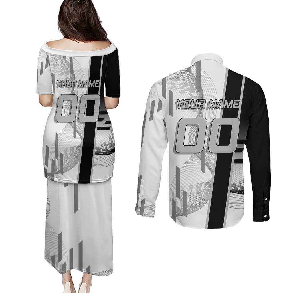 Personalized Obanai Iguro Demon Slayer Badminton Couples Matching Puletasi and Long Sleeve Button Shirt with Racket Action Pose and Black White Graphic Design - The Mazicc