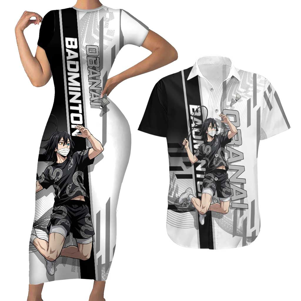 Personalized Obanai Iguro Demon Slayer Badminton Couples Matching Short Sleeve Bodycon Dress and Hawaiian Shirt with Racket Action Pose and Black White Graphic Design - The Mazicc