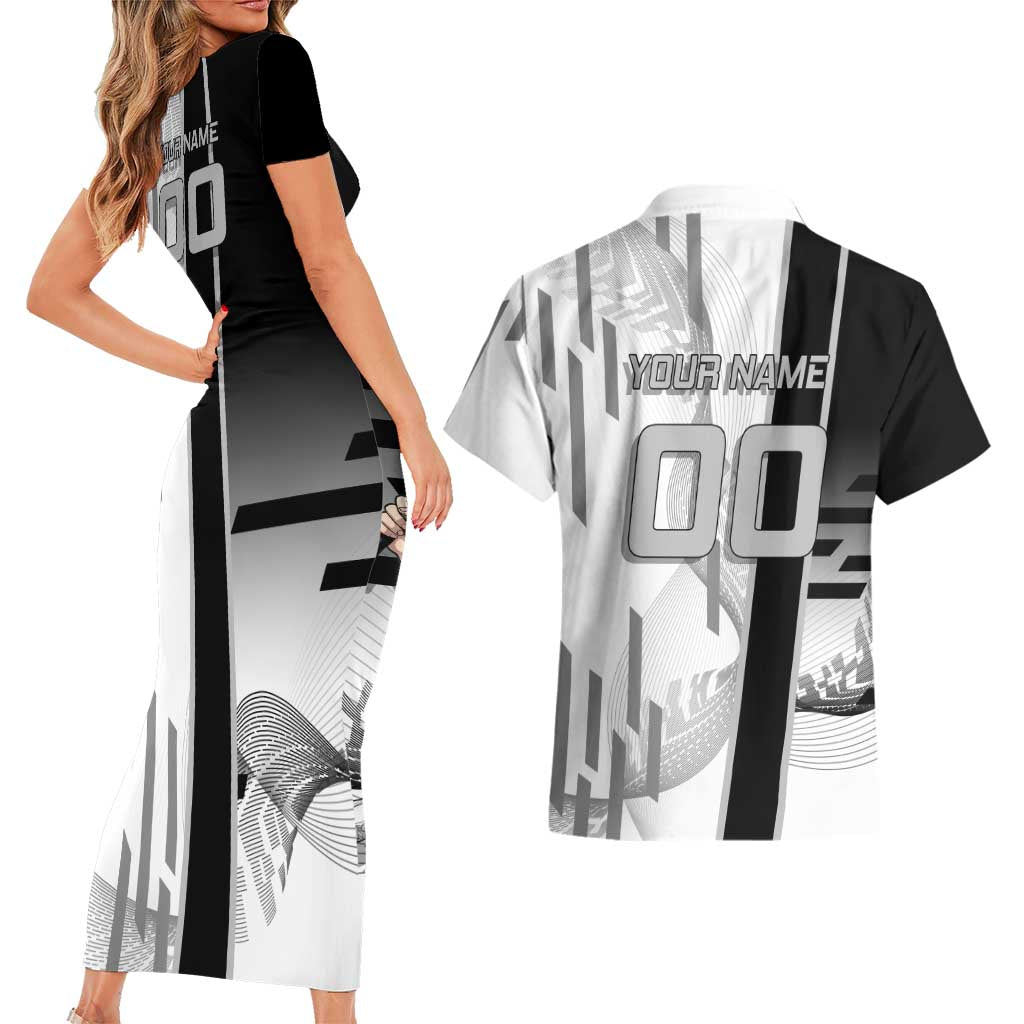 Personalized Obanai Iguro Demon Slayer Badminton Couples Matching Short Sleeve Bodycon Dress and Hawaiian Shirt with Racket Action Pose and Black White Graphic Design - The Mazicc