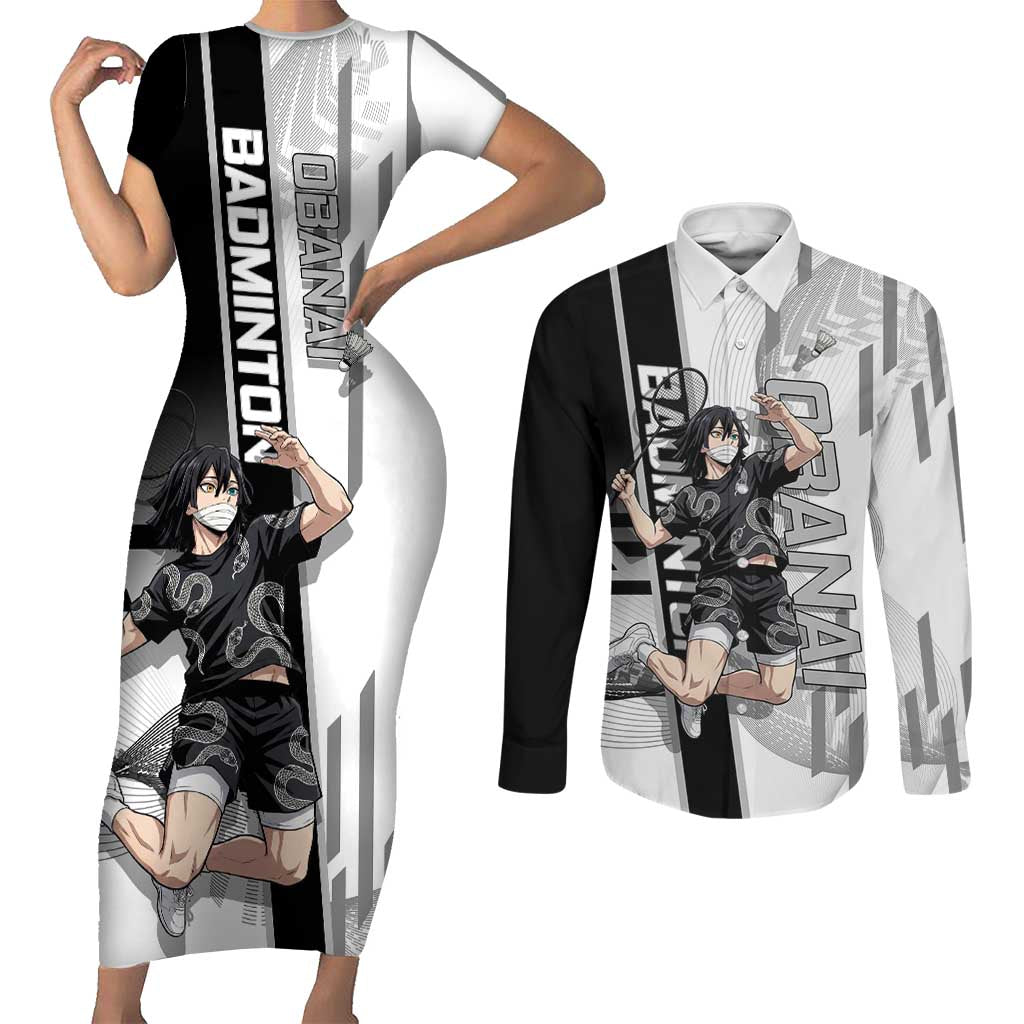 Personalized Obanai Iguro Demon Slayer Badminton Couples Matching Short Sleeve Bodycon Dress and Long Sleeve Button Shirt with Racket Action Pose and Black White Graphic Design - The Mazicc