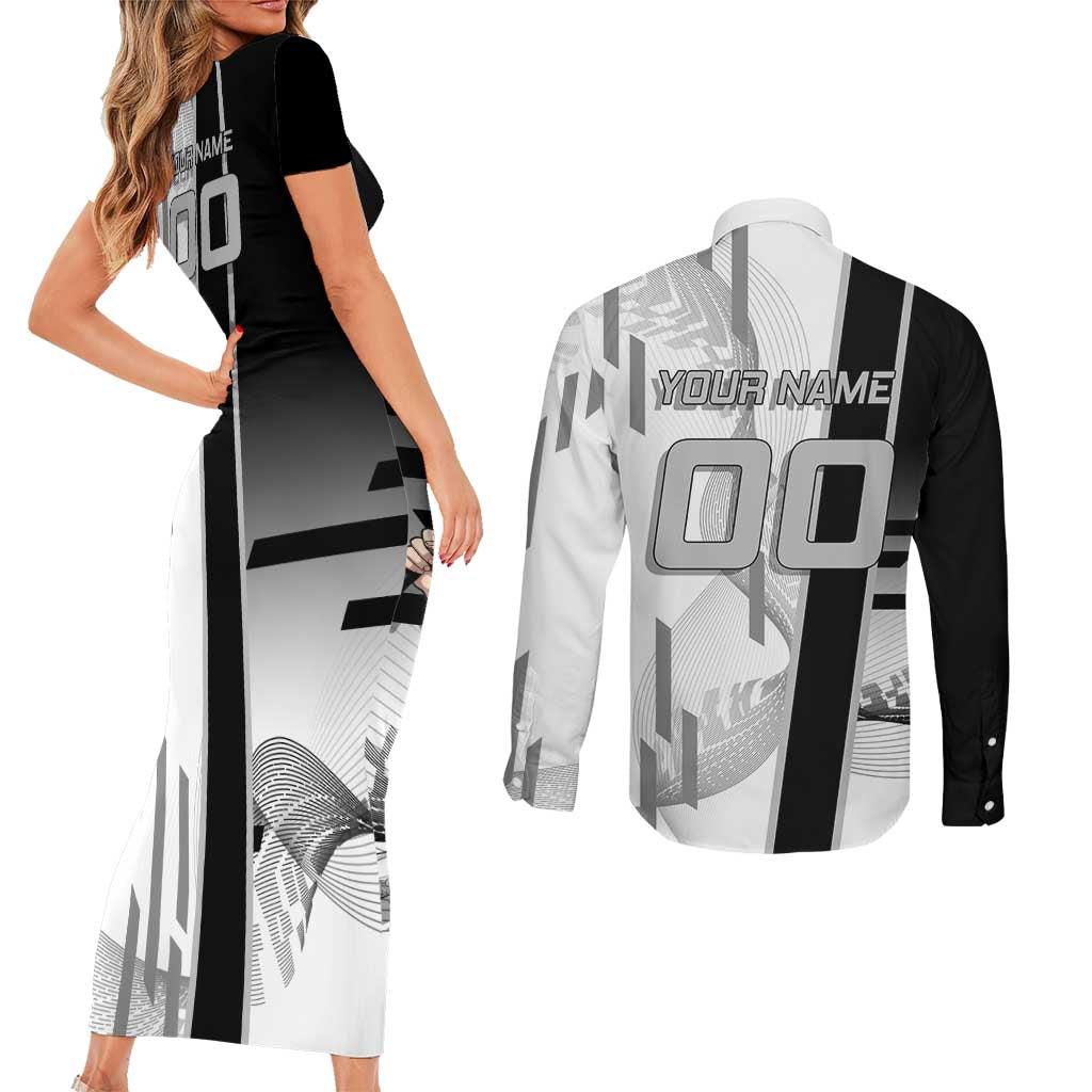 Personalized Obanai Iguro Demon Slayer Badminton Couples Matching Short Sleeve Bodycon Dress and Long Sleeve Button Shirt with Racket Action Pose and Black White Graphic Design - The Mazicc
