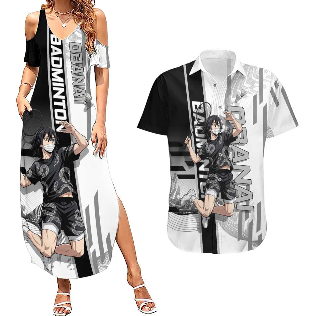 Personalized Obanai Iguro Demon Slayer Badminton Couples Matching Summer Maxi Dress and Hawaiian Shirt with Racket Action Pose and Black White Graphic Design - The Mazicc
