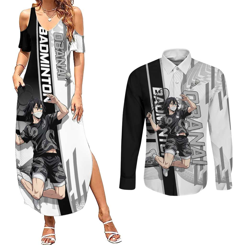 Personalized Obanai Iguro Demon Slayer Badminton Couples Matching Summer Maxi Dress and Long Sleeve Button Shirt with Racket Action Pose and Black White Graphic Design - The Mazicc