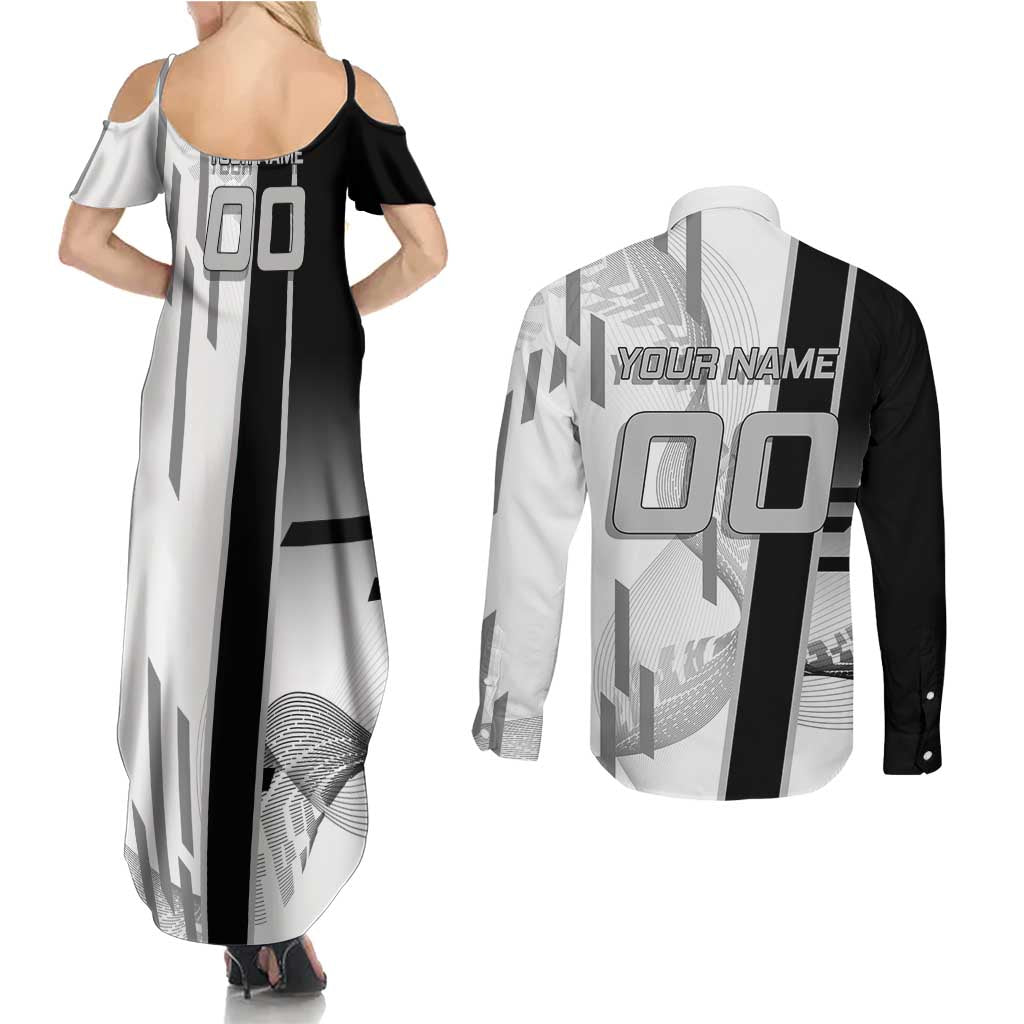 Personalized Obanai Iguro Demon Slayer Badminton Couples Matching Summer Maxi Dress and Long Sleeve Button Shirt with Racket Action Pose and Black White Graphic Design - The Mazicc