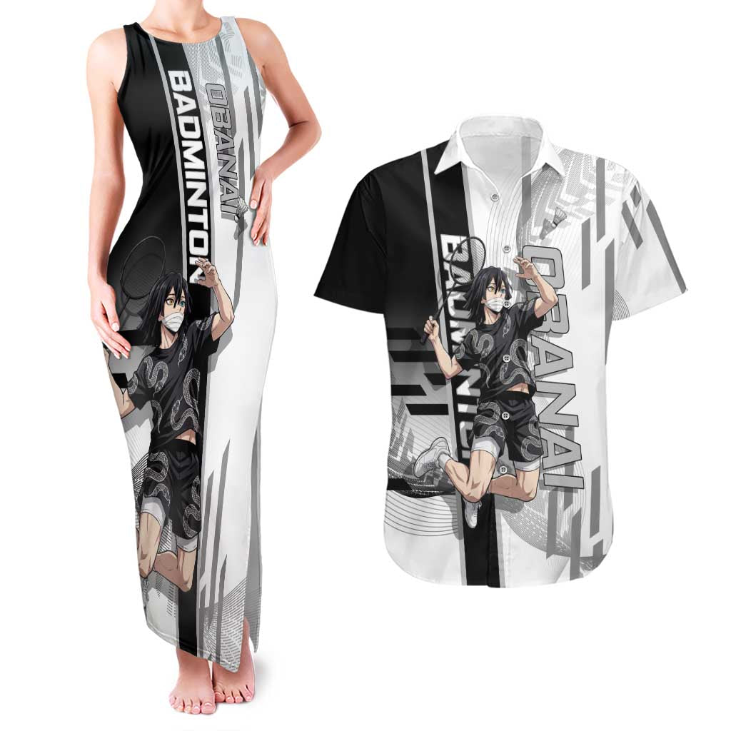 Personalized Obanai Iguro Demon Slayer Badminton Couples Matching Tank Maxi Dress and Hawaiian Shirt with Racket Action Pose and Black White Graphic Design - The Mazicc