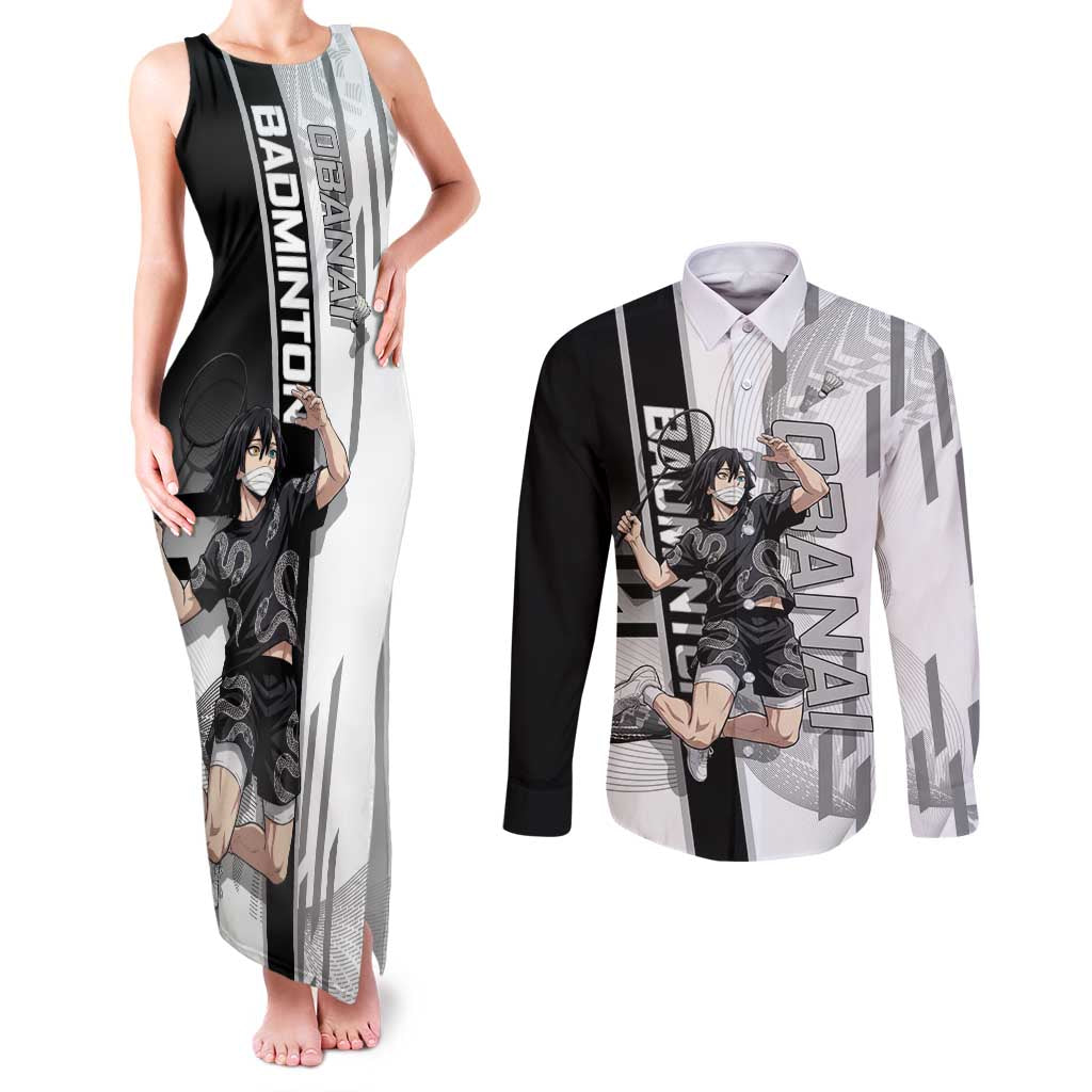 Personalized Obanai Iguro Demon Slayer Badminton Couples Matching Tank Maxi Dress and Long Sleeve Button Shirt with Racket Action Pose and Black White Graphic Design - The Mazicc