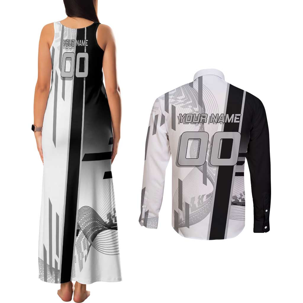 Personalized Obanai Iguro Demon Slayer Badminton Couples Matching Tank Maxi Dress and Long Sleeve Button Shirt with Racket Action Pose and Black White Graphic Design - The Mazicc