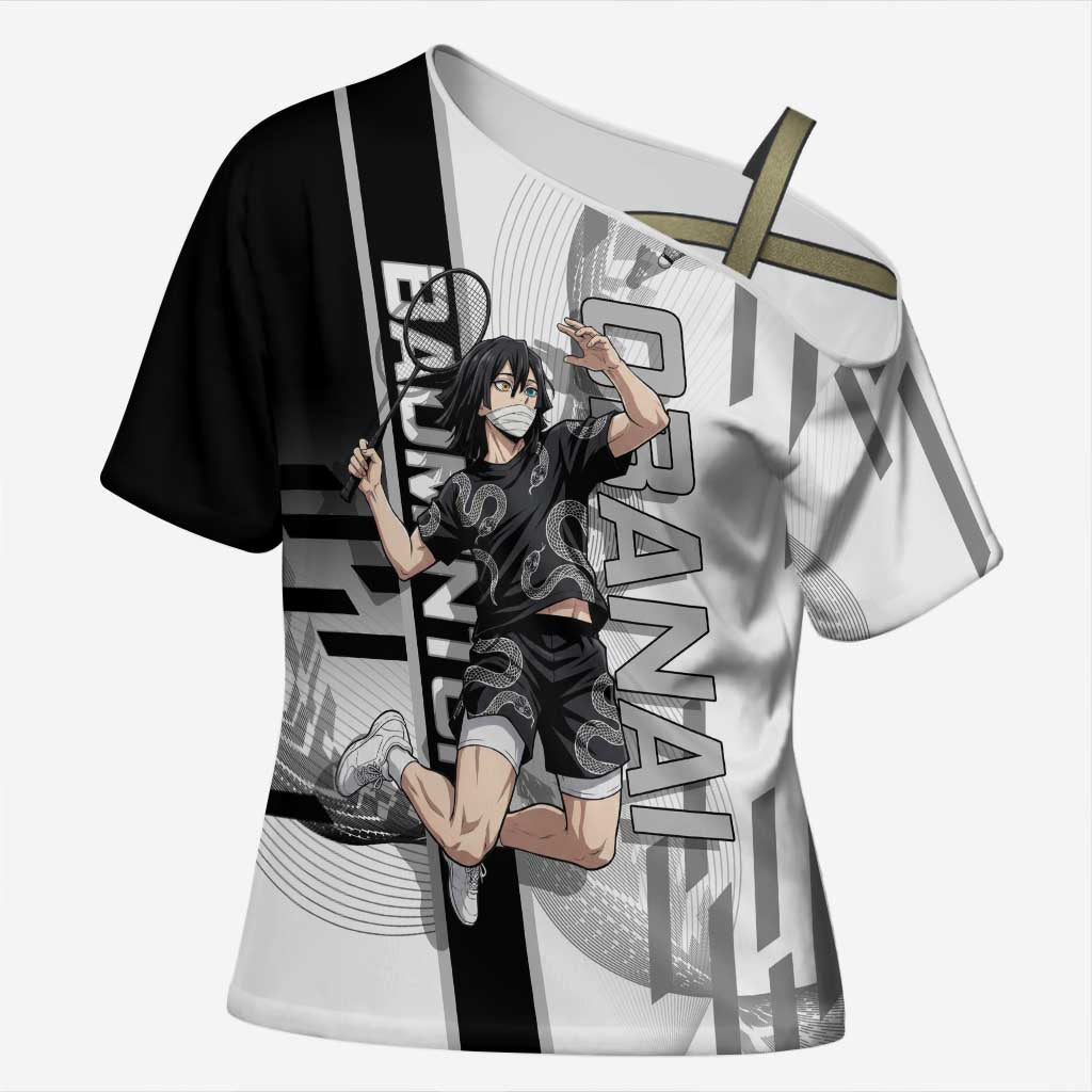 Personalized Obanai Iguro Demon Slayer Badminton Cross Shoulder Shirt with Racket Action Pose and Black White Graphic Design - The Mazicc