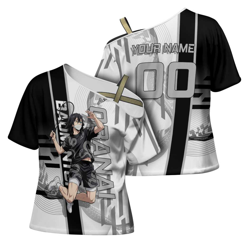 Personalized Obanai Iguro Demon Slayer Badminton Cross Shoulder Shirt with Racket Action Pose and Black White Graphic Design - The Mazicc