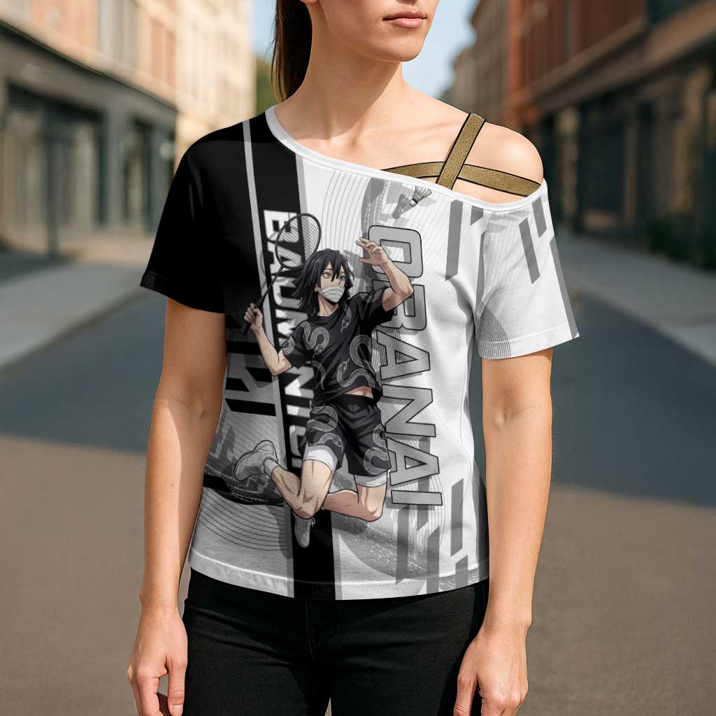 Personalized Obanai Iguro Demon Slayer Badminton Cross Shoulder Shirt with Racket Action Pose and Black White Graphic Design - The Mazicc