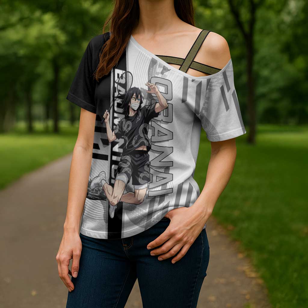 Personalized Obanai Iguro Demon Slayer Badminton Cross Shoulder Shirt with Racket Action Pose and Black White Graphic Design - The Mazicc