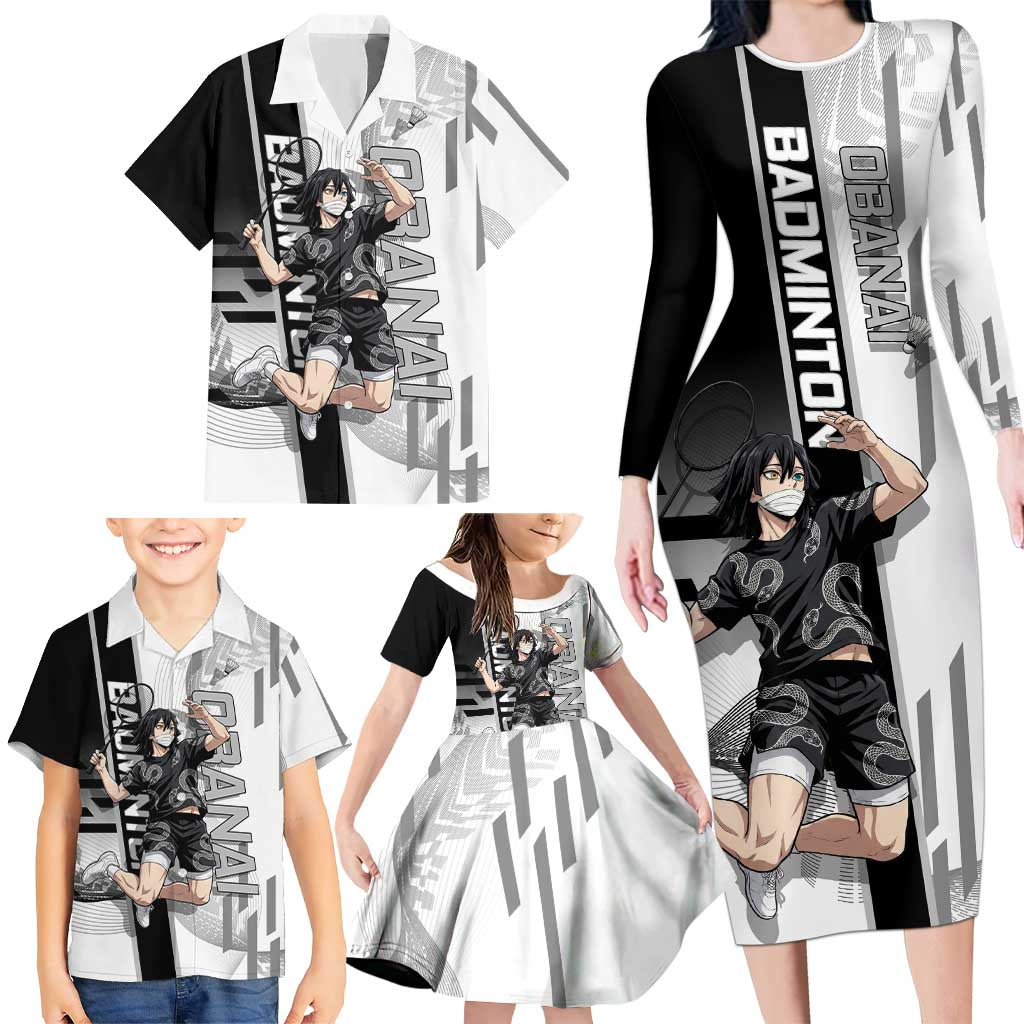 Personalized Obanai Iguro Demon Slayer Badminton Family Matching Long Sleeve Bodycon Dress and Hawaiian Shirt with Racket Action Pose and Black White Graphic Design