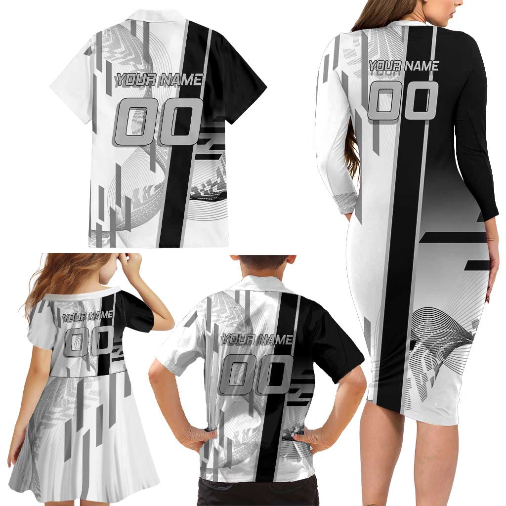 Personalized Obanai Iguro Demon Slayer Badminton Family Matching Long Sleeve Bodycon Dress and Hawaiian Shirt with Racket Action Pose and Black White Graphic Design
