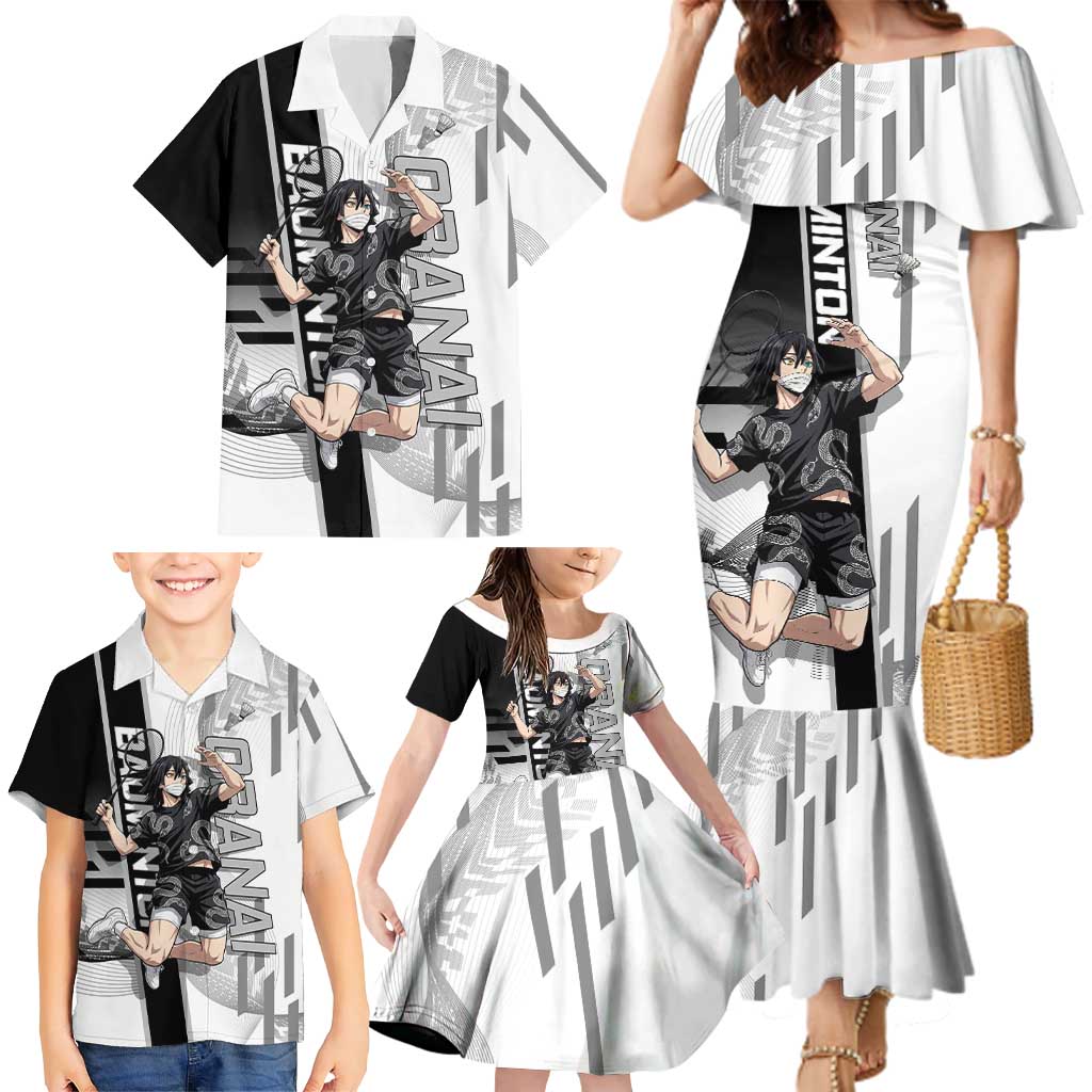 Personalized Obanai Iguro Demon Slayer Badminton Family Matching Mermaid Dress and Hawaiian Shirt with Racket Action Pose and Black White Graphic Design