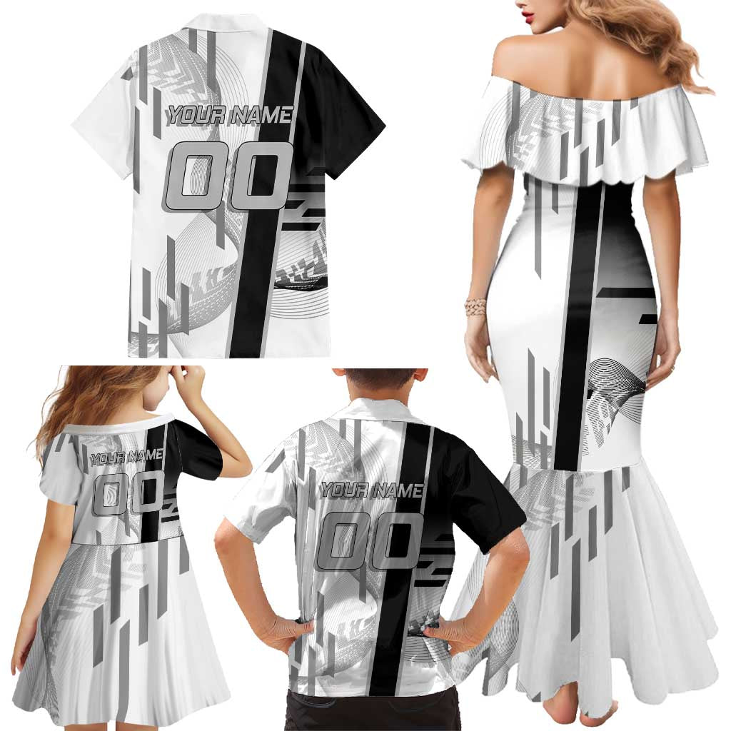 Personalized Obanai Iguro Demon Slayer Badminton Family Matching Mermaid Dress and Hawaiian Shirt with Racket Action Pose and Black White Graphic Design