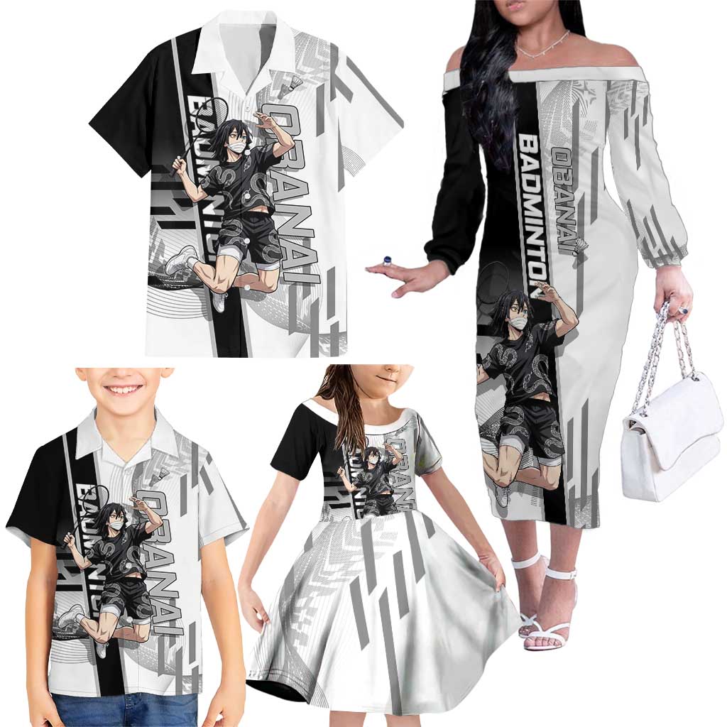 Personalized Obanai Iguro Demon Slayer Badminton Family Matching Off The Shoulder Long Sleeve Dress and Hawaiian Shirt with Racket Action Pose and Black White Graphic Design