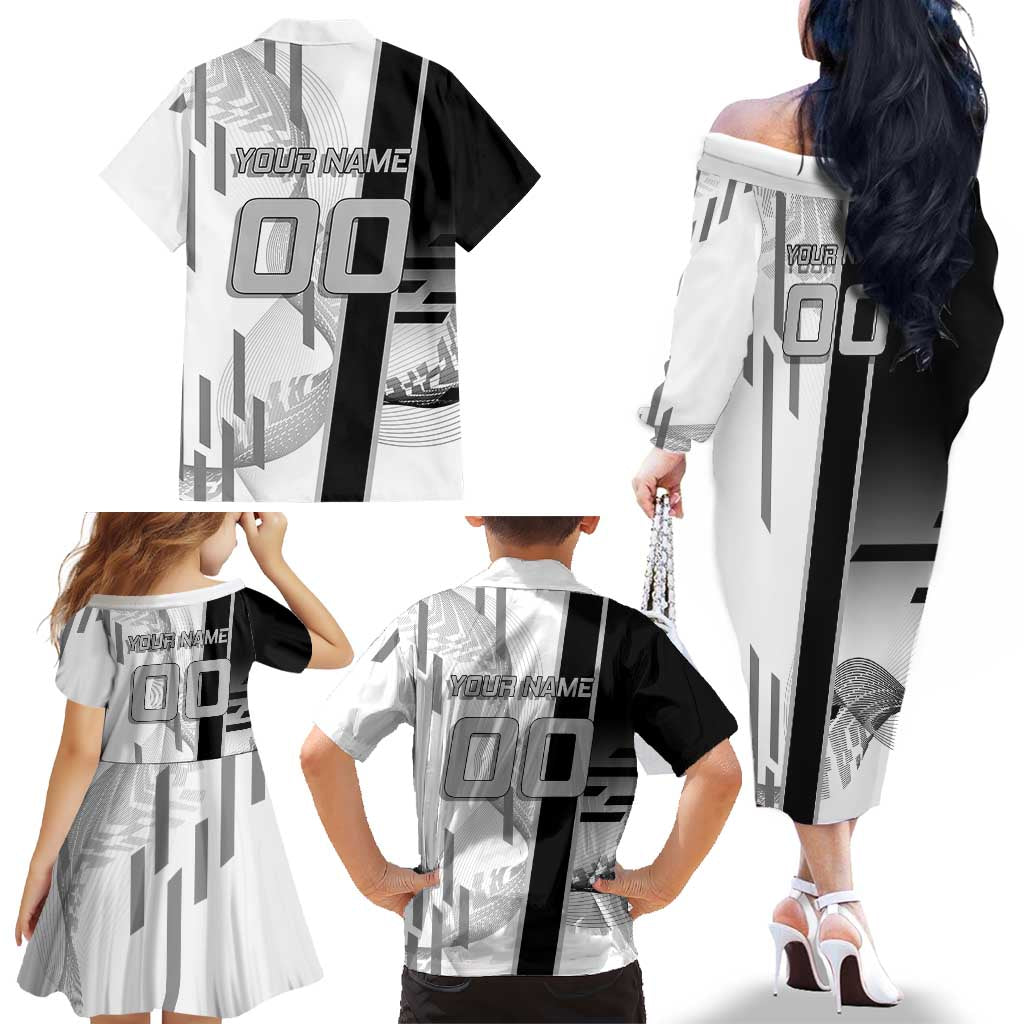 Personalized Obanai Iguro Demon Slayer Badminton Family Matching Off The Shoulder Long Sleeve Dress and Hawaiian Shirt with Racket Action Pose and Black White Graphic Design