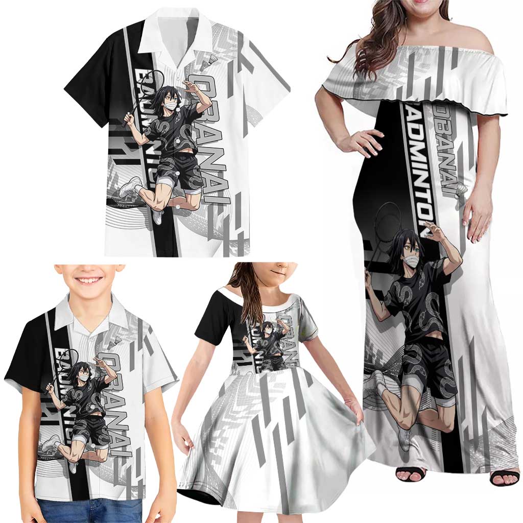 Personalized Obanai Iguro Demon Slayer Badminton Family Matching Off Shoulder Maxi Dress and Hawaiian Shirt with Racket Action Pose and Black White Graphic Design