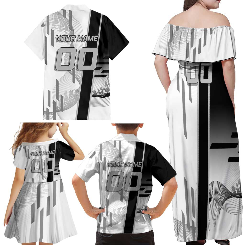 Personalized Obanai Iguro Demon Slayer Badminton Family Matching Off Shoulder Maxi Dress and Hawaiian Shirt with Racket Action Pose and Black White Graphic Design