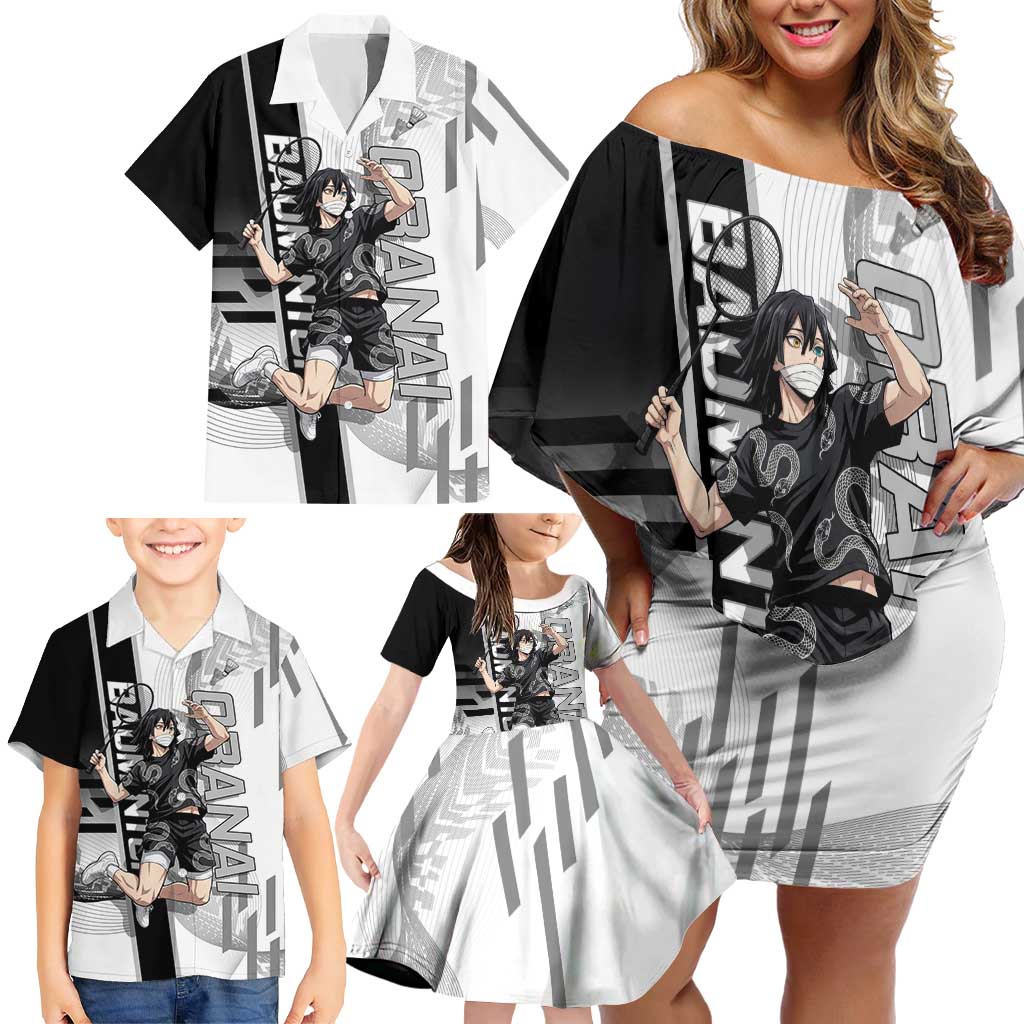 Personalized Obanai Iguro Demon Slayer Badminton Family Matching Off Shoulder Short Dress and Hawaiian Shirt with Racket Action Pose and Black White Graphic Design