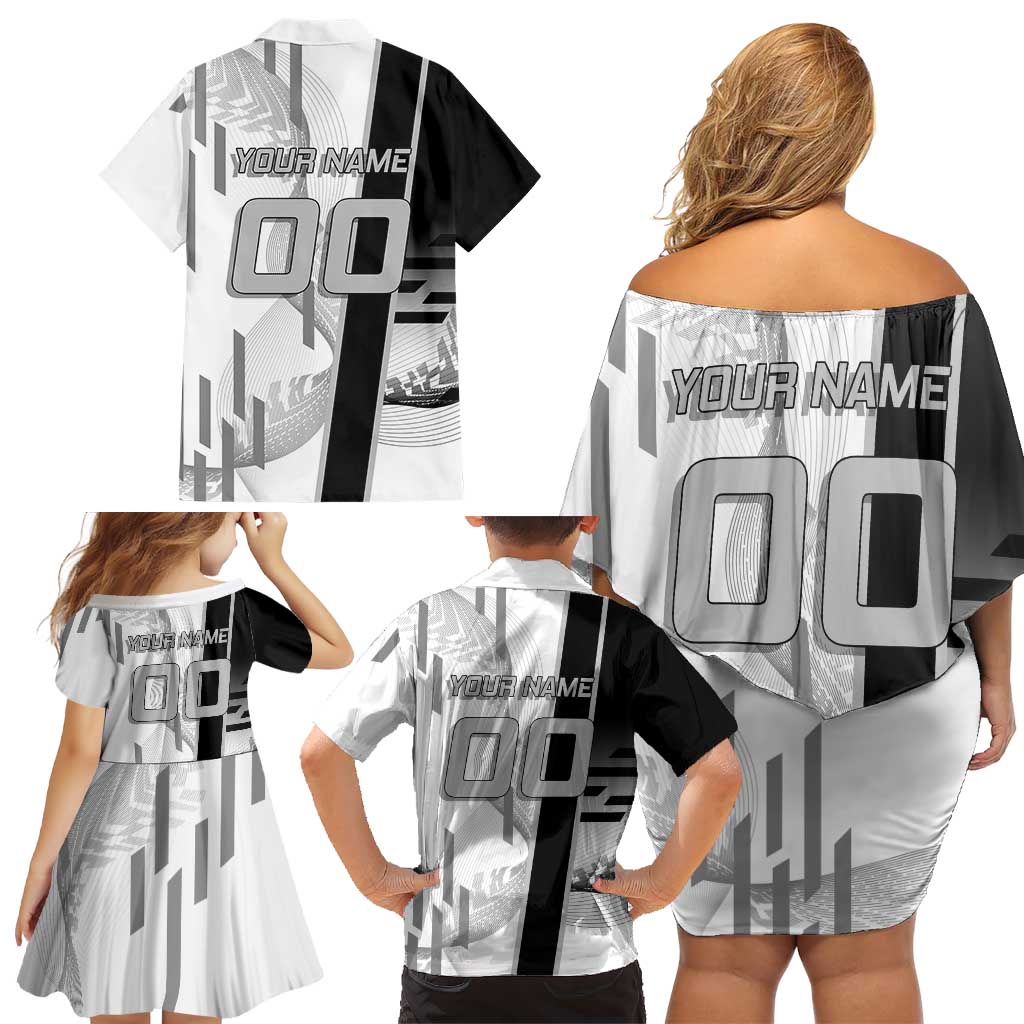 Personalized Obanai Iguro Demon Slayer Badminton Family Matching Off Shoulder Short Dress and Hawaiian Shirt with Racket Action Pose and Black White Graphic Design