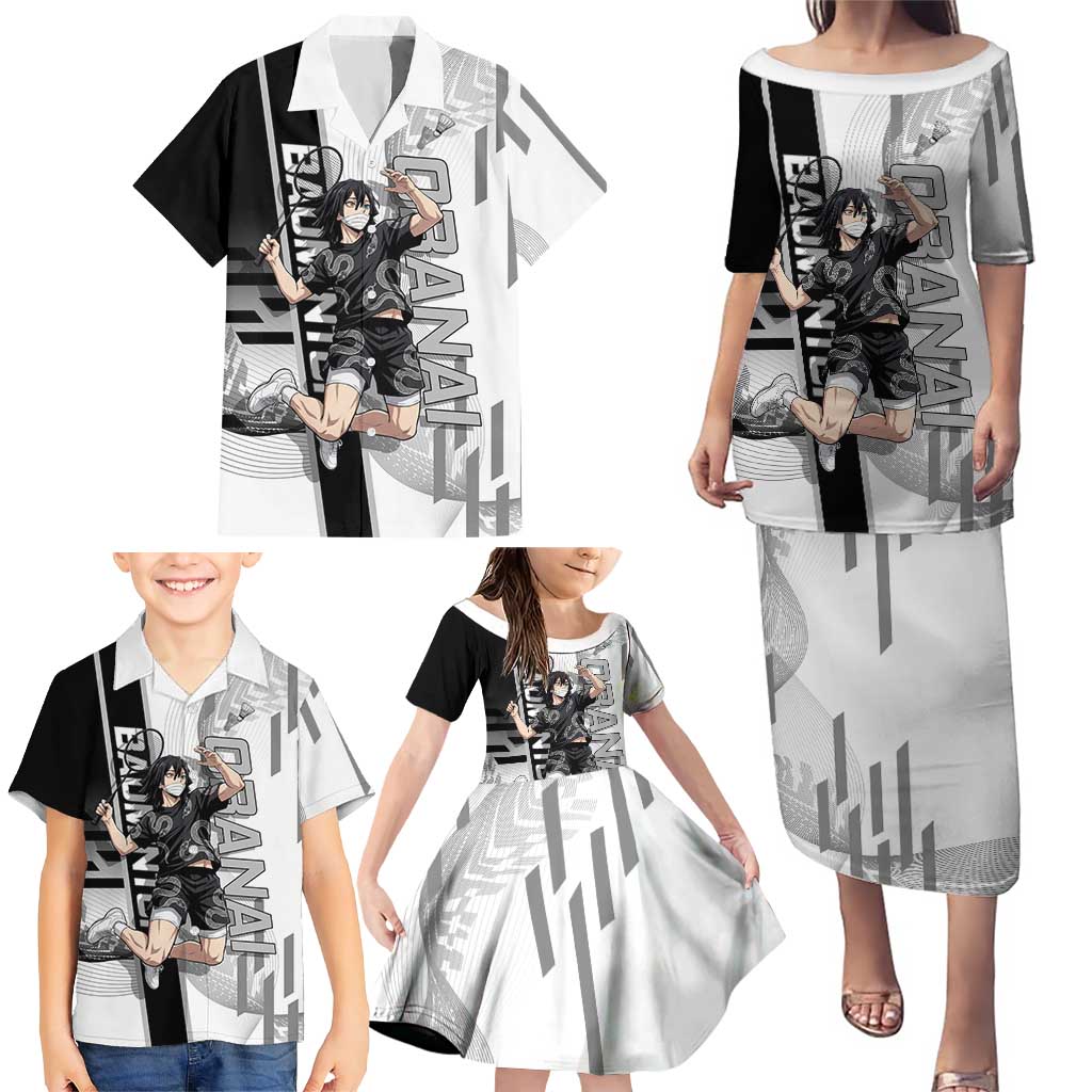 Personalized Obanai Iguro Demon Slayer Badminton Family Matching Puletasi and Hawaiian Shirt with Racket Action Pose and Black White Graphic Design