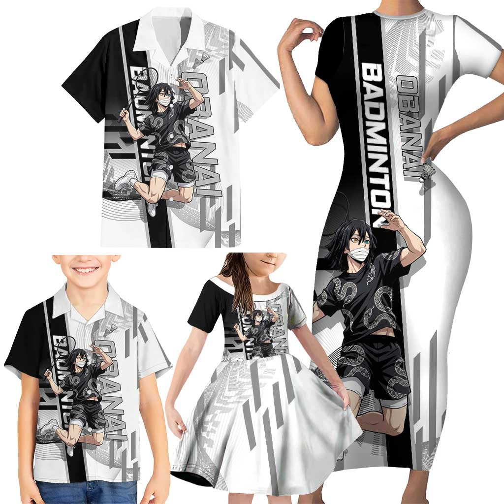 Personalized Obanai Iguro Demon Slayer Badminton Family Matching Short Sleeve Bodycon Dress and Hawaiian Shirt with Racket Action Pose and Black White Graphic Design