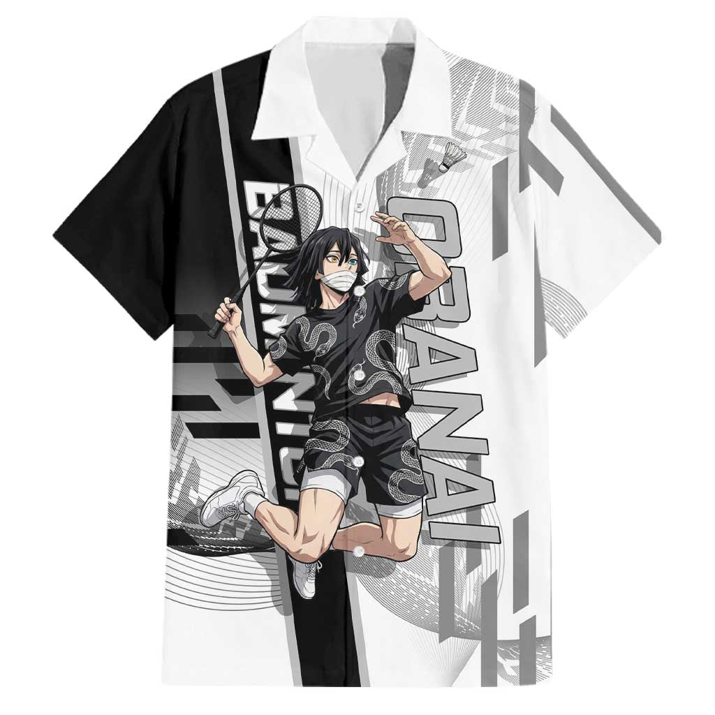 Personalized Obanai Iguro Demon Slayer Badminton Family Matching Short Sleeve Bodycon Dress and Hawaiian Shirt with Racket Action Pose and Black White Graphic Design