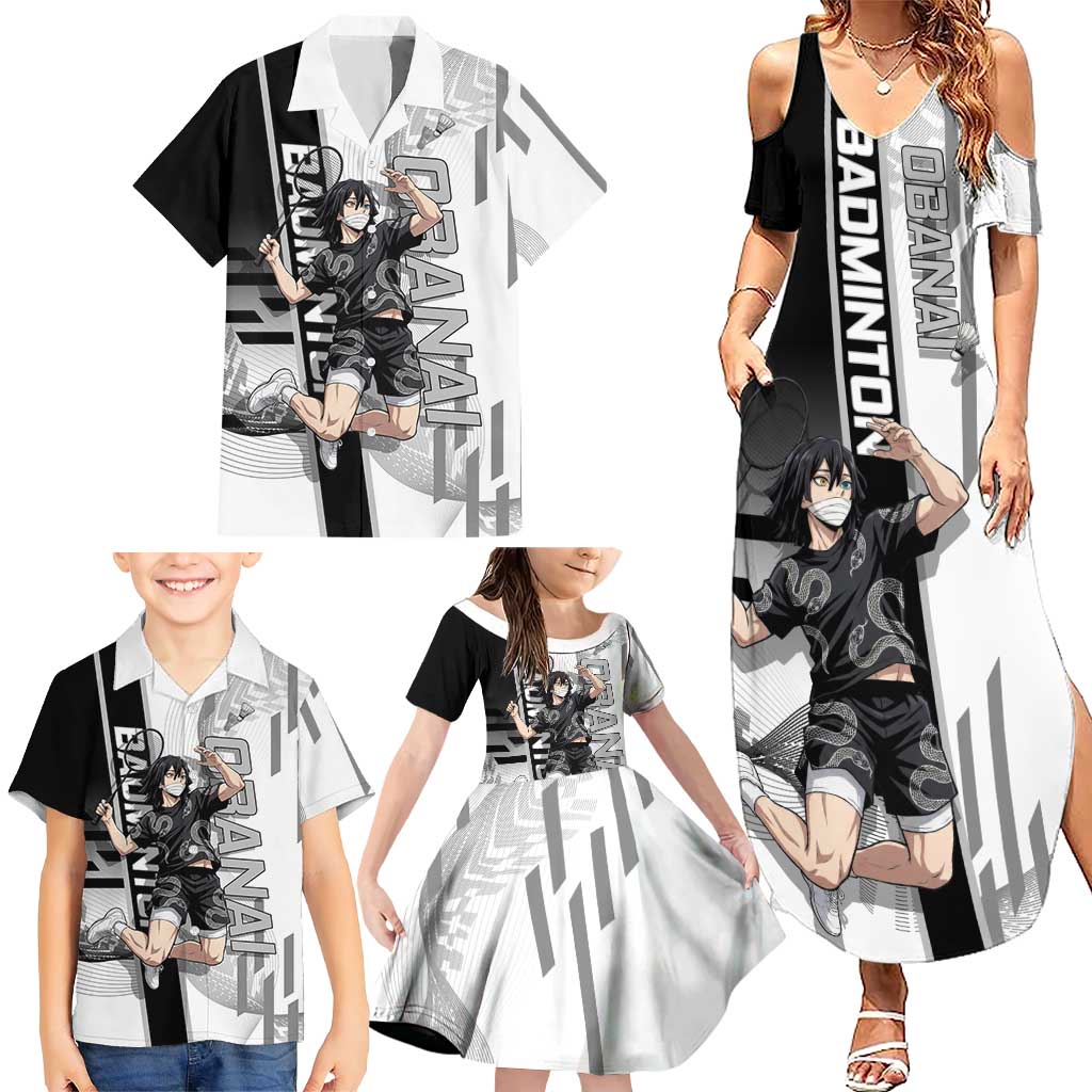 Personalized Obanai Iguro Demon Slayer Badminton Family Matching Summer Maxi Dress and Hawaiian Shirt with Racket Action Pose and Black White Graphic Design