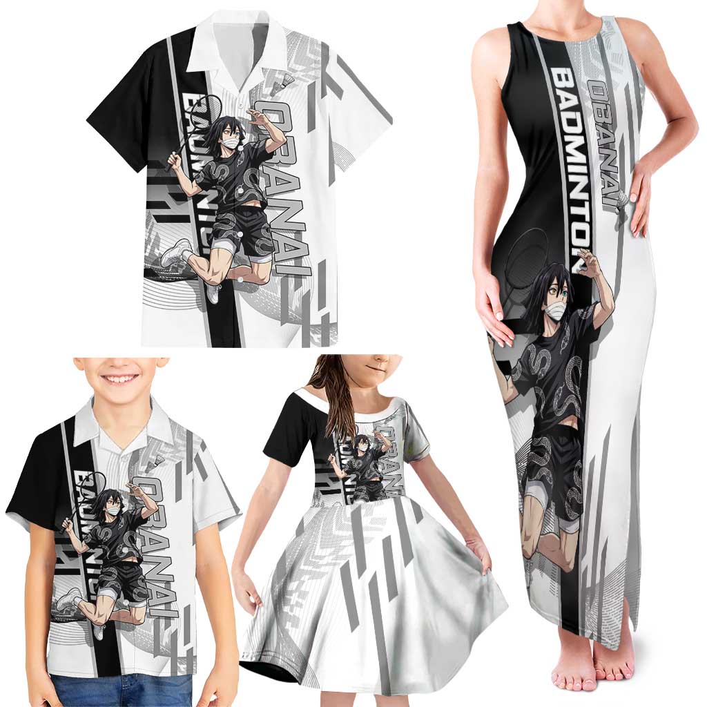 Personalized Obanai Iguro Demon Slayer Badminton Family Matching Tank Maxi Dress and Hawaiian Shirt with Racket Action Pose and Black White Graphic Design