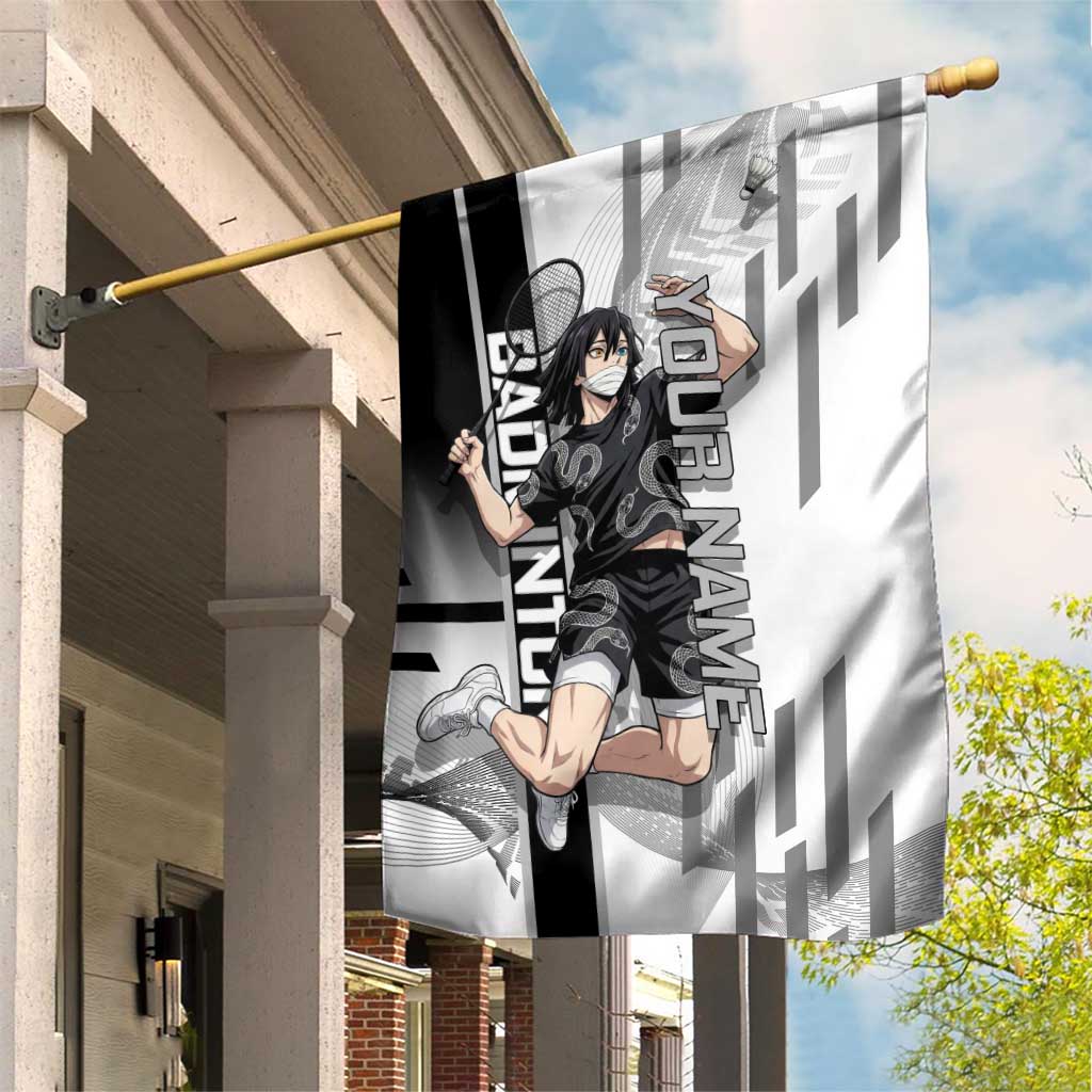 Personalized Obanai Iguro Demon Slayer Badminton Garden Flag with Racket Action Pose and Black White Graphic Design - The Mazicc