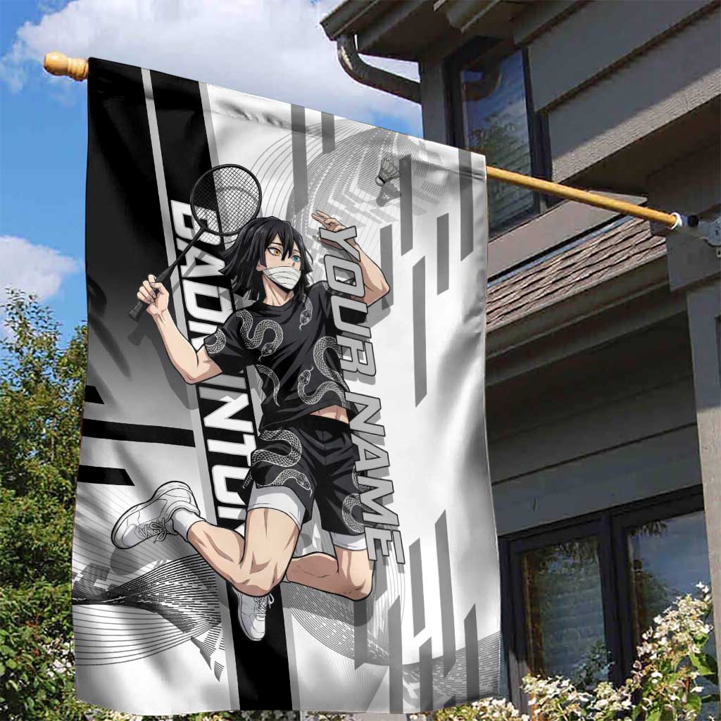 Personalized Obanai Iguro Demon Slayer Badminton Garden Flag with Racket Action Pose and Black White Graphic Design - The Mazicc