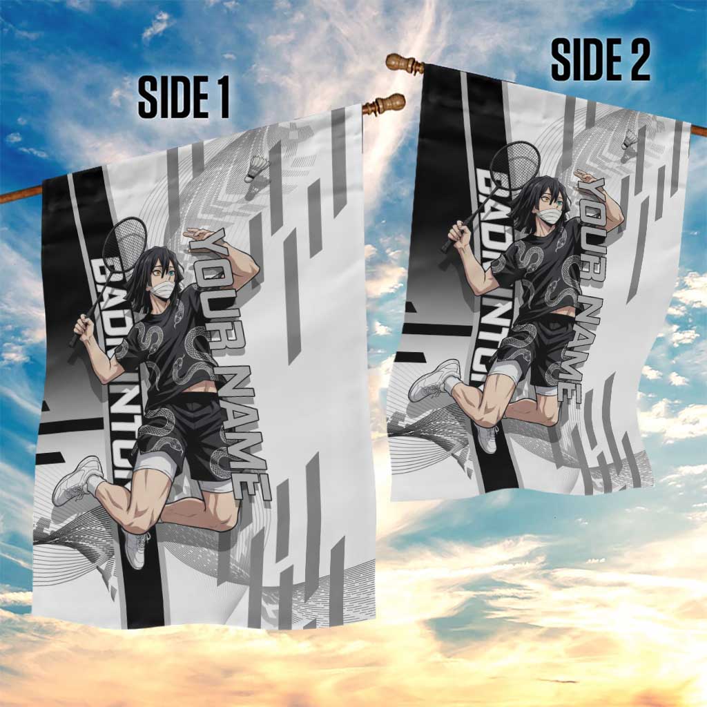 Personalized Obanai Iguro Demon Slayer Badminton Garden Flag with Racket Action Pose and Black White Graphic Design - The Mazicc
