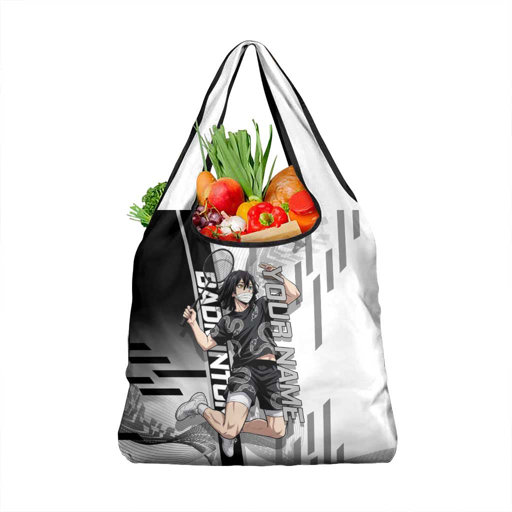 Personalized Obanai Iguro Demon Slayer Badminton Grocery Bag with Racket Action Pose and Black White Graphic Design - The Mazicc