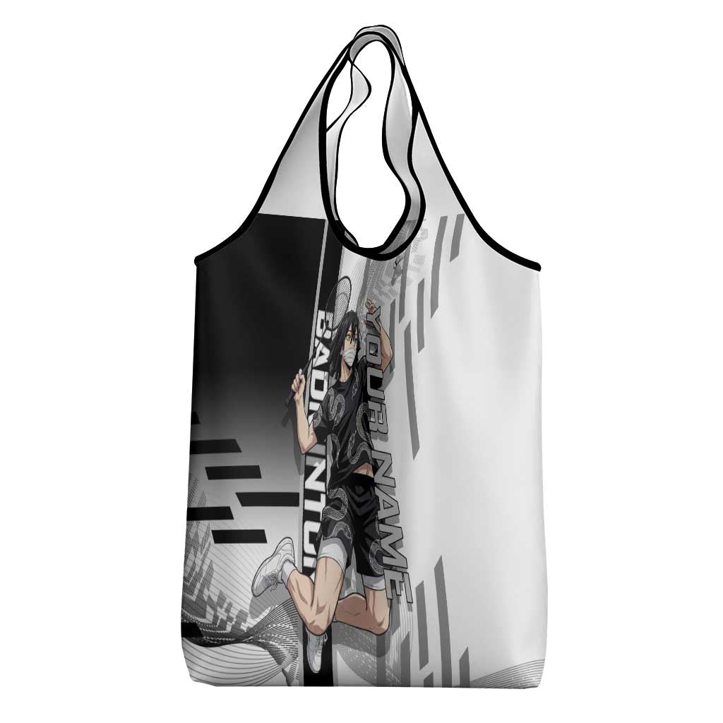 Personalized Obanai Iguro Demon Slayer Badminton Grocery Bag with Racket Action Pose and Black White Graphic Design - The Mazicc