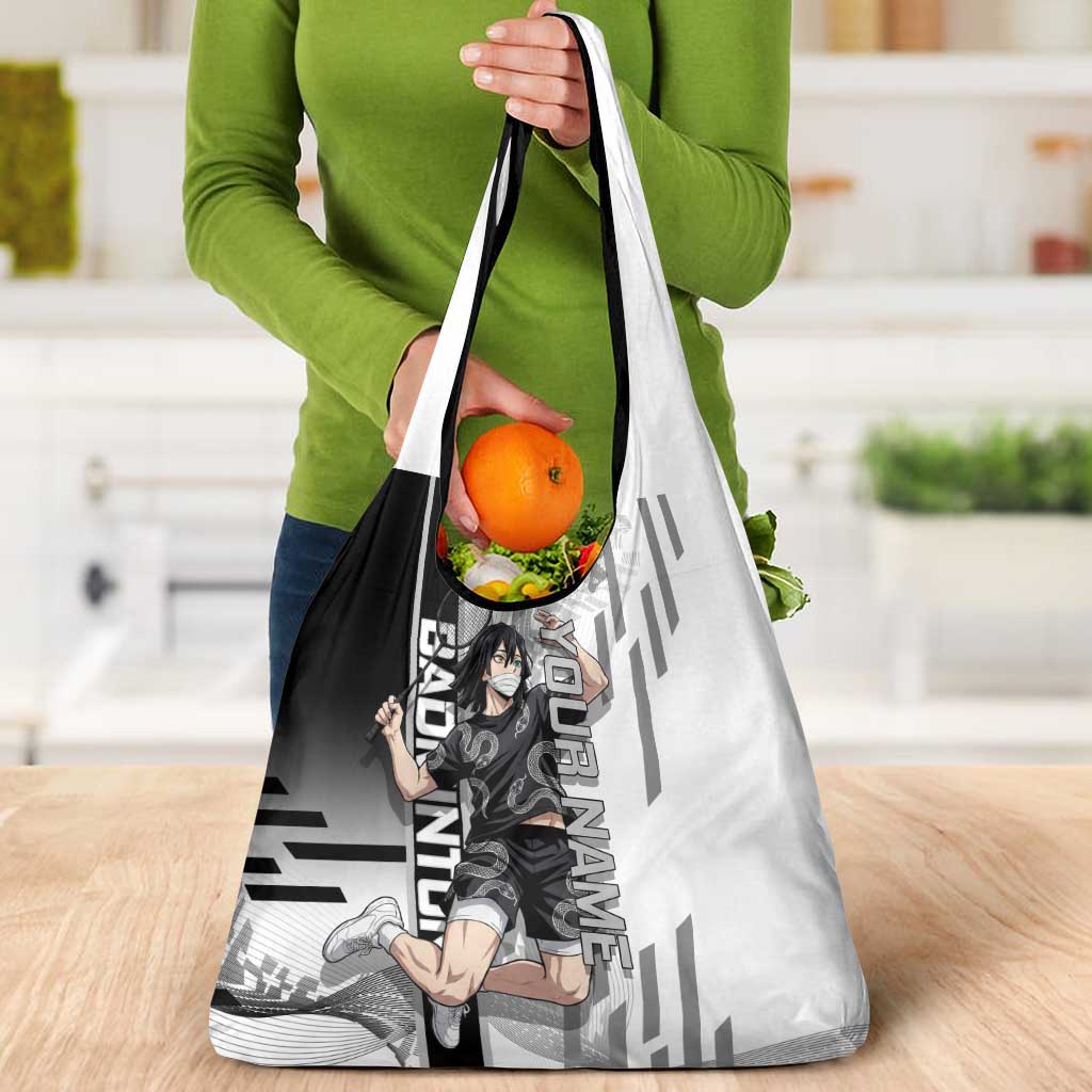 Personalized Obanai Iguro Demon Slayer Badminton Grocery Bag with Racket Action Pose and Black White Graphic Design - The Mazicc