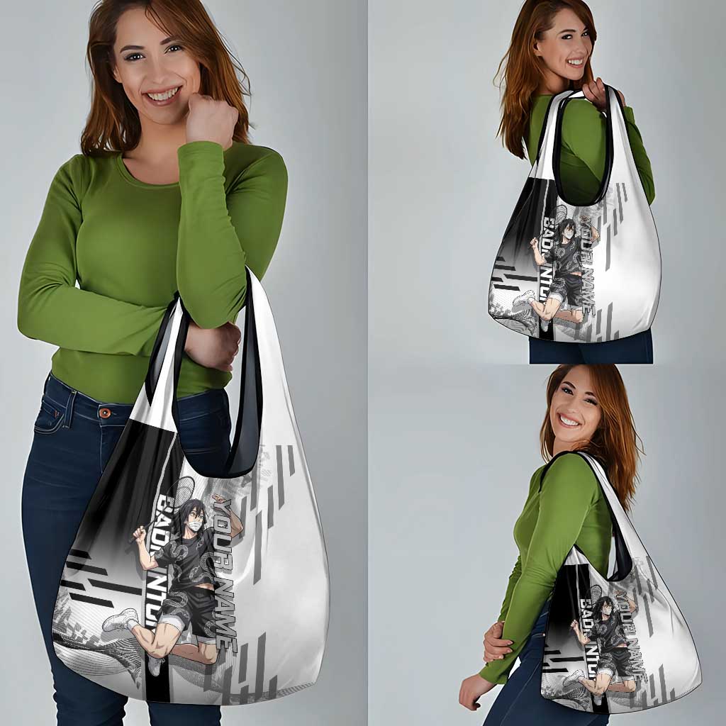 Personalized Obanai Iguro Demon Slayer Badminton Grocery Bag with Racket Action Pose and Black White Graphic Design - The Mazicc