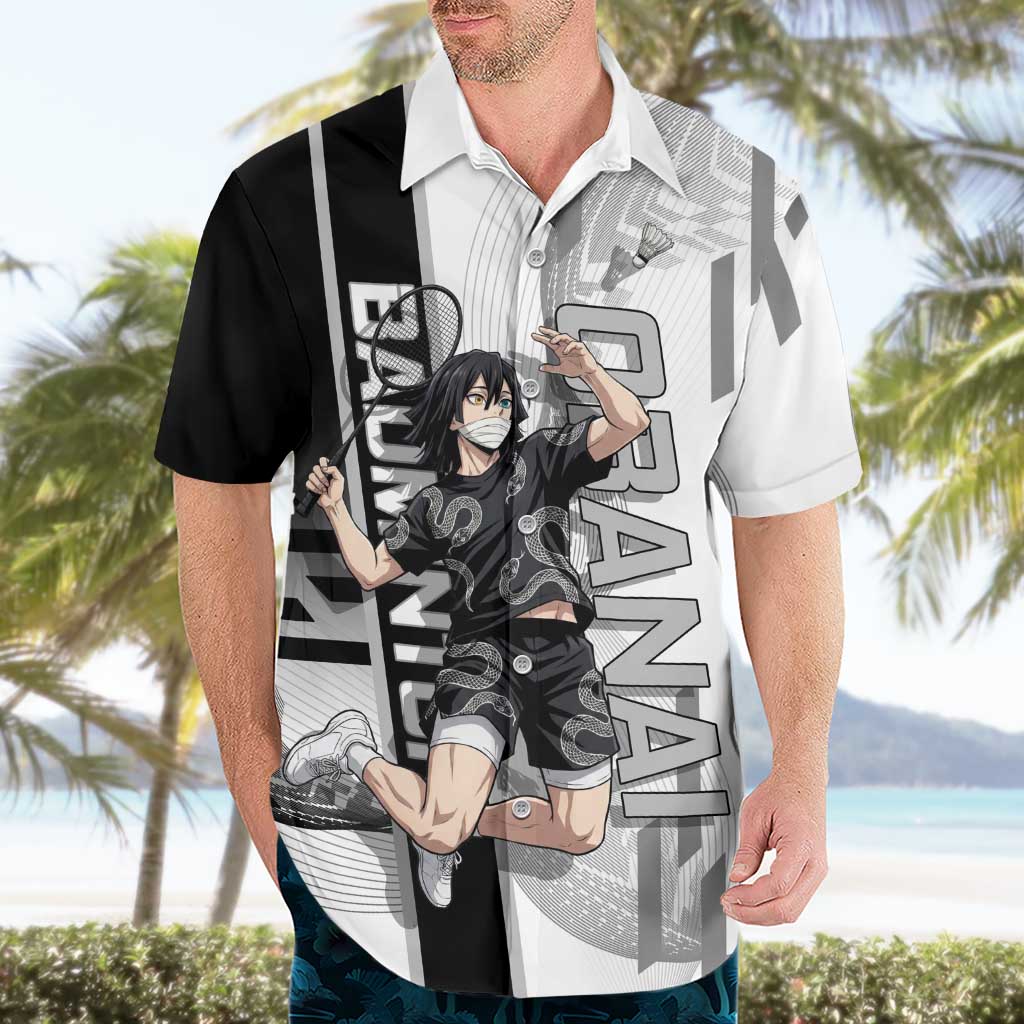 Personalized Obanai Iguro Demon Slayer Badminton Hawaiian Shirt with Racket Action Pose and Black White Graphic Design - The Mazicc