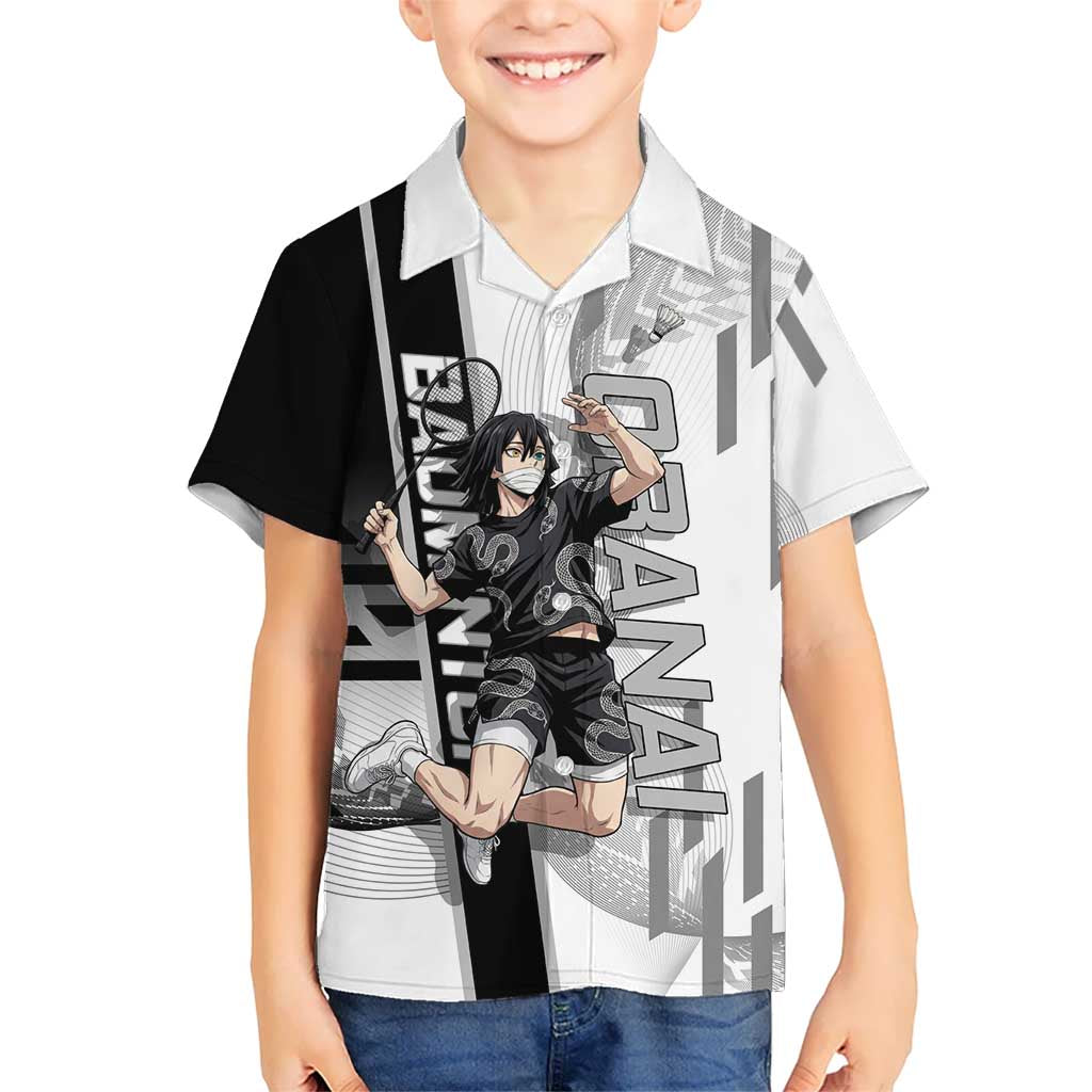 Personalized Obanai Iguro Demon Slayer Badminton Hawaiian Shirt with Racket Action Pose and Black White Graphic Design - The Mazicc