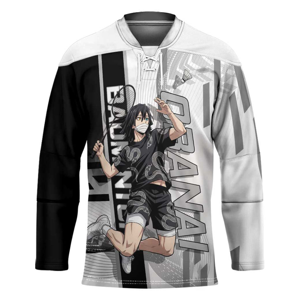 Personalized Obanai Iguro Demon Slayer Badminton Hockey Jersey with Racket Action Pose and Black White Graphic Design - The Mazicc