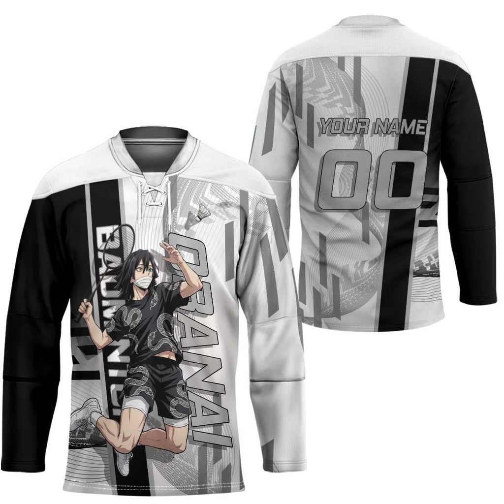 Personalized Obanai Iguro Demon Slayer Badminton Hockey Jersey with Racket Action Pose and Black White Graphic Design - The Mazicc
