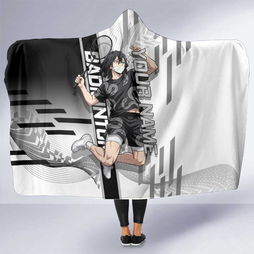 Personalized Obanai Iguro Demon Slayer Badminton Hooded Blanket with Racket Action Pose and Black White Graphic Design - The Mazicc