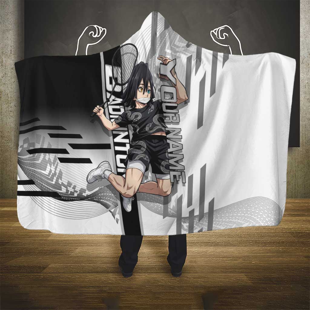 Personalized Obanai Iguro Demon Slayer Badminton Hooded Blanket with Racket Action Pose and Black White Graphic Design - The Mazicc
