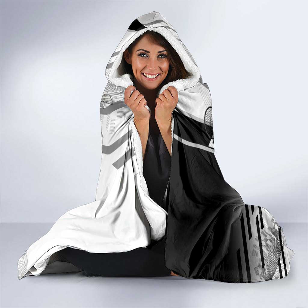 Personalized Obanai Iguro Demon Slayer Badminton Hooded Blanket with Racket Action Pose and Black White Graphic Design - The Mazicc