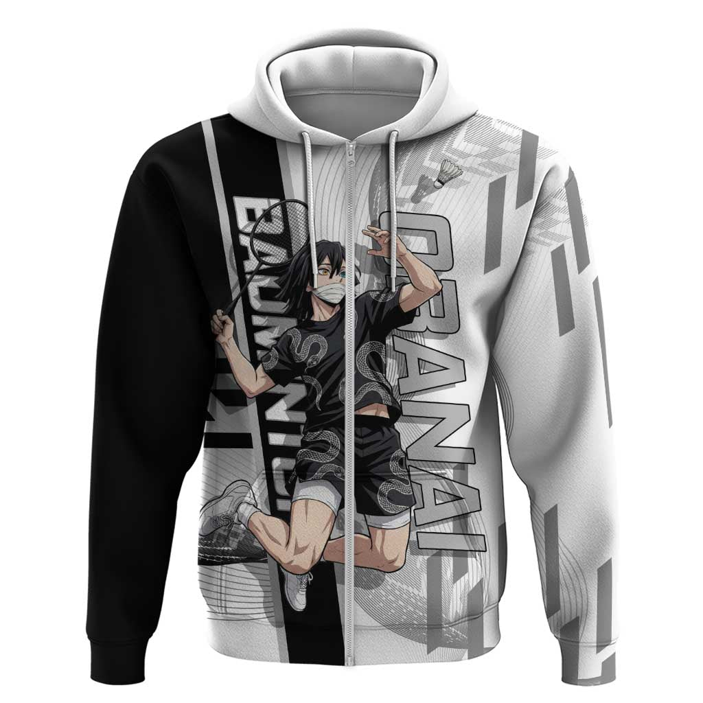 Personalized Obanai Iguro Demon Slayer Badminton Hoodie with Racket Action Pose and Black White Graphic Design - The Mazicc