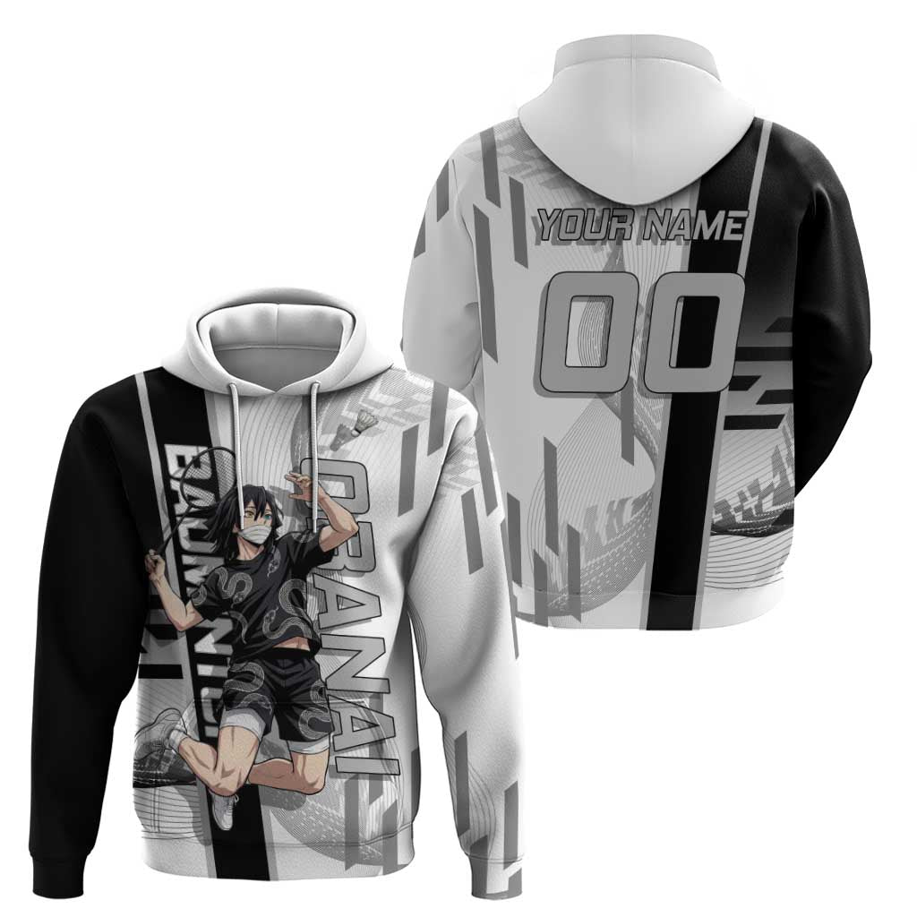 Personalized Obanai Iguro Demon Slayer Badminton Hoodie with Racket Action Pose and Black White Graphic Design - The Mazicc