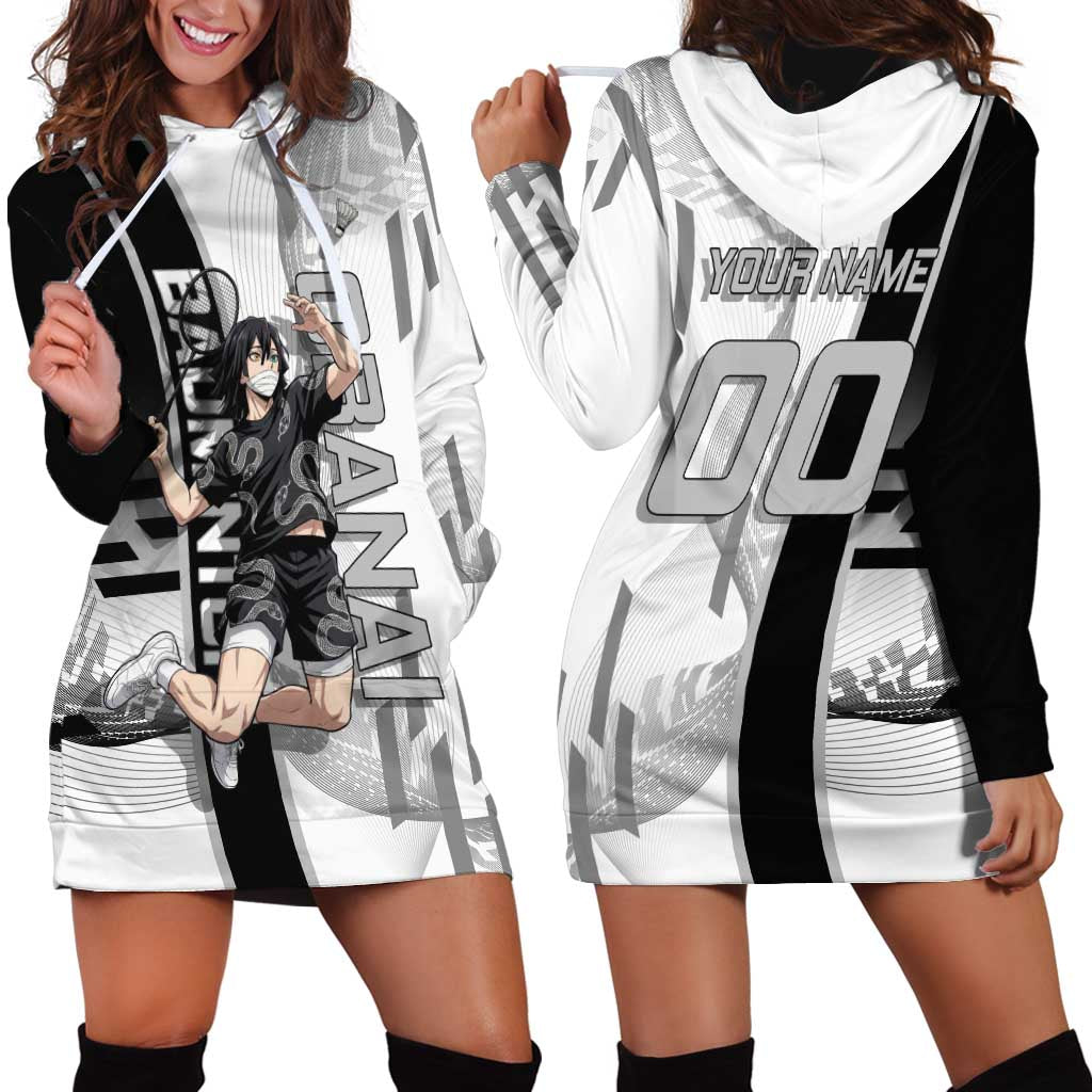 Personalized Obanai Iguro Demon Slayer Badminton Hoodie Dress with Racket Action Pose and Black White Graphic Design - The Mazicc