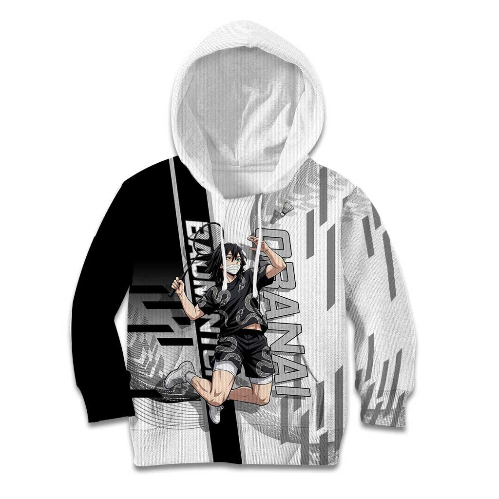 Personalized Obanai Iguro Demon Slayer Badminton Kid Hoodie with Racket Action Pose and Black White Graphic Design - The Mazicc