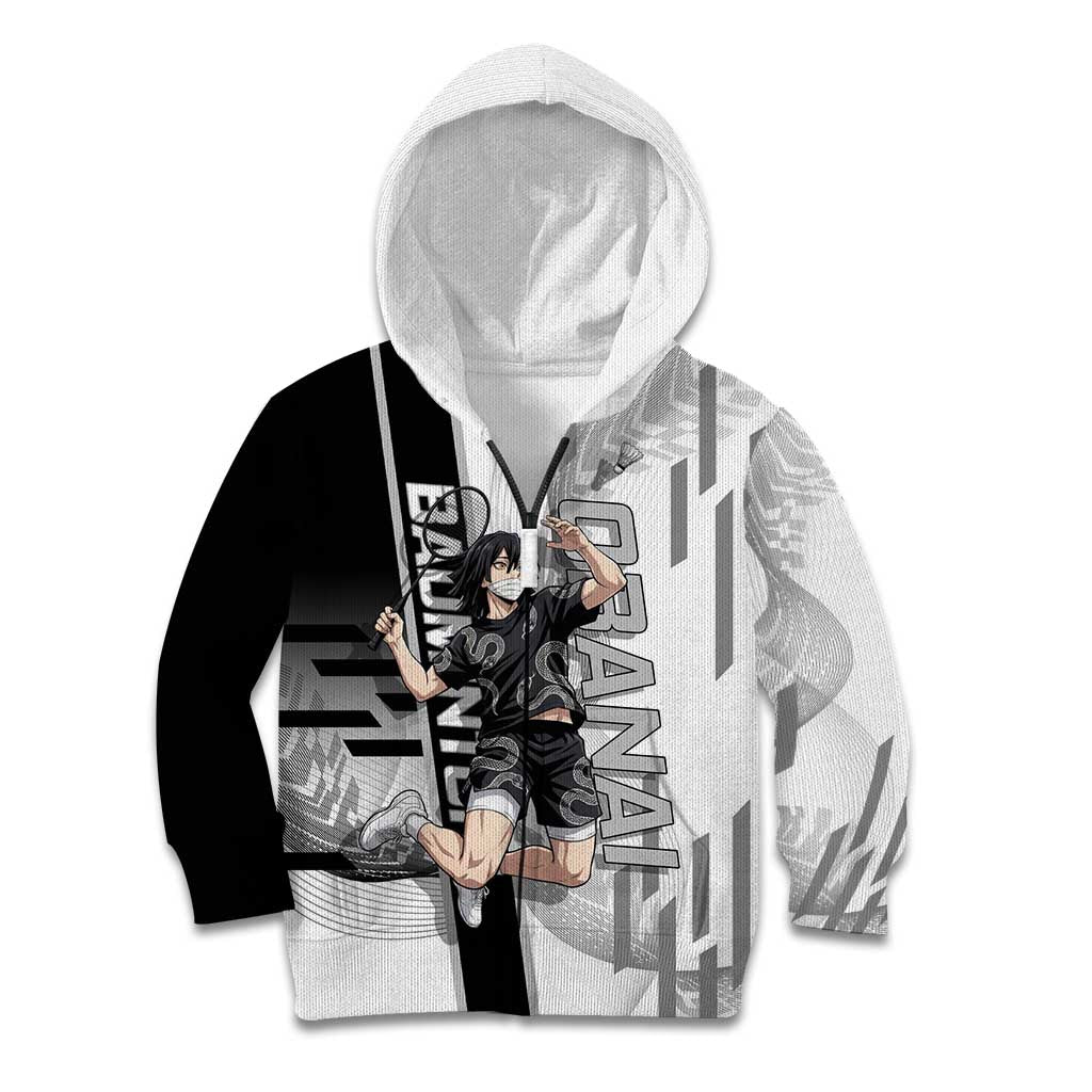 Personalized Obanai Iguro Demon Slayer Badminton Kid Hoodie with Racket Action Pose and Black White Graphic Design - The Mazicc