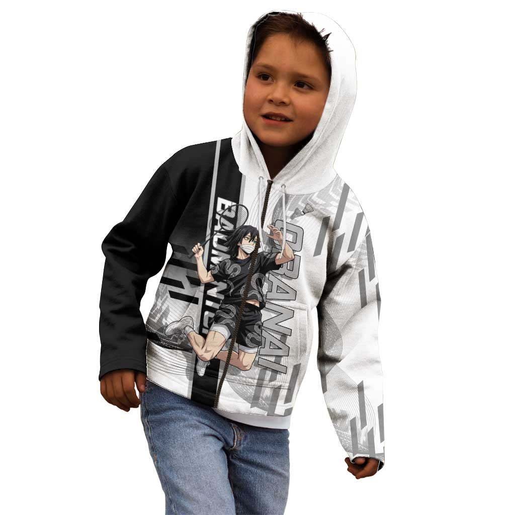 Personalized Obanai Iguro Demon Slayer Badminton Kid Hoodie with Racket Action Pose and Black White Graphic Design - The Mazicc